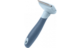 Šedo-modrý hřeben pro kočku s nerez čepelí, ergonomickým úchopem a snadným čištěním, vhodný i před známkou pro kočku.