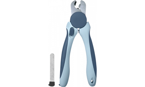 Kleštičky na drápky pro kočky se šedými protiskluzovými rukojeťmi, ostrou nerezovou čepelí a integrovaným pilníkem.