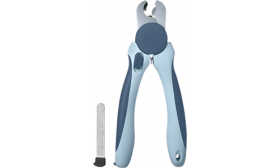 Kleštičky na drápky pro kočky se šedými protiskluzovými rukojeťmi, ostrou nerezovou čepelí a integrovaným pilníkem.